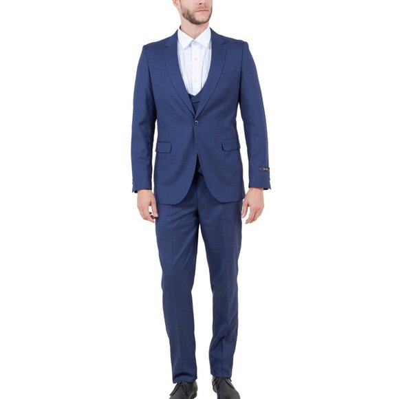 Navy NotchLapel Double Breasted Collared Vest Skinny Fit Men's Suit